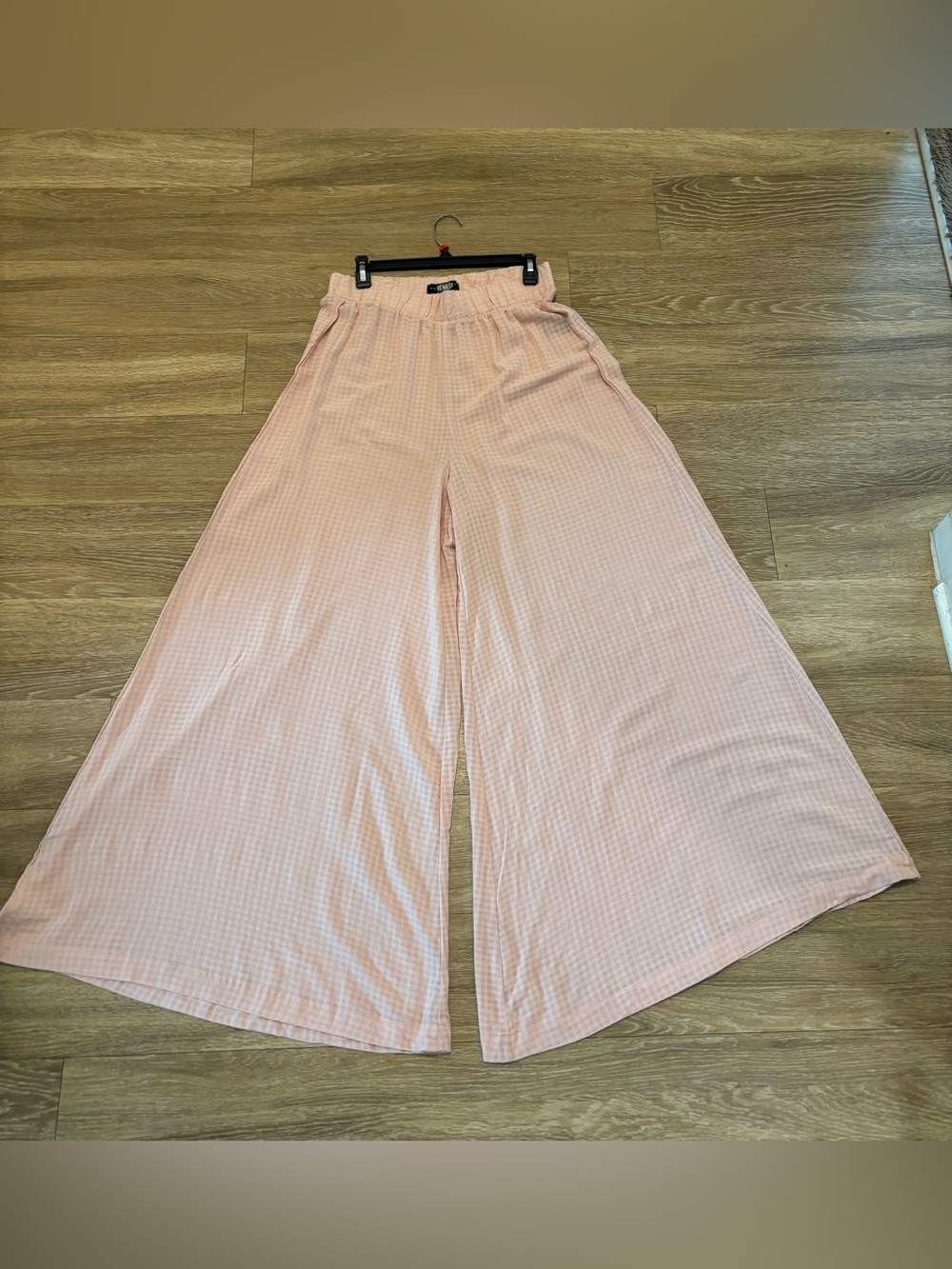 Rewash Pink Gingham Smocked Waist L Wide Leg Palazzo Pants Y2K Boho Lightweight